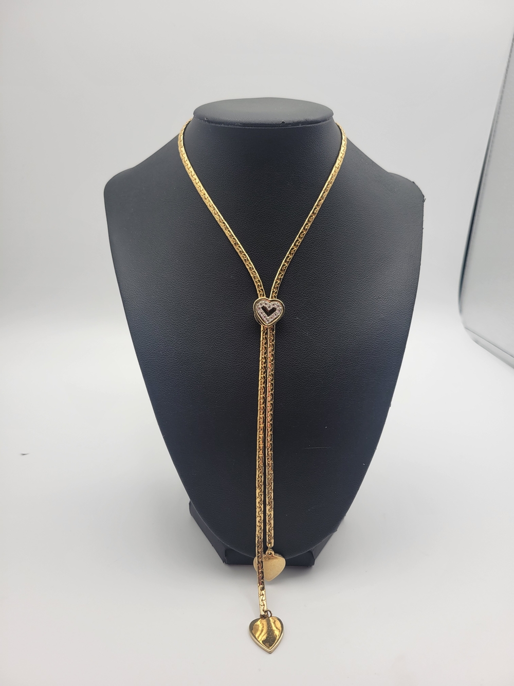 Gold Tone Heart Lariat Necklace with Double Heart Pendant